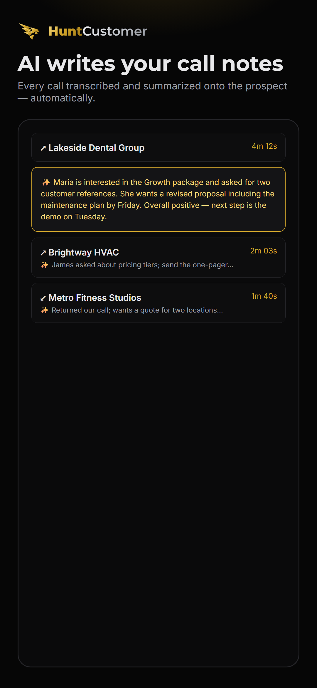 HuntCustomer app — AI call notes