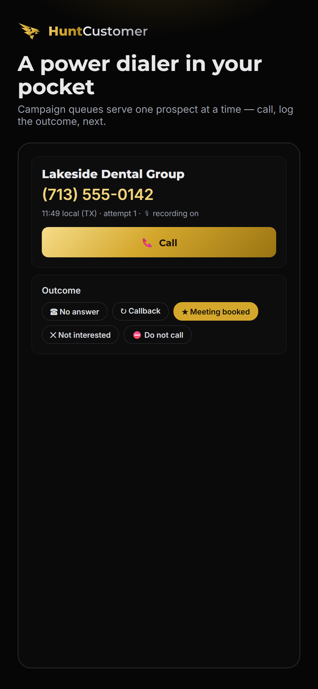HuntCustomer app — power dialer
